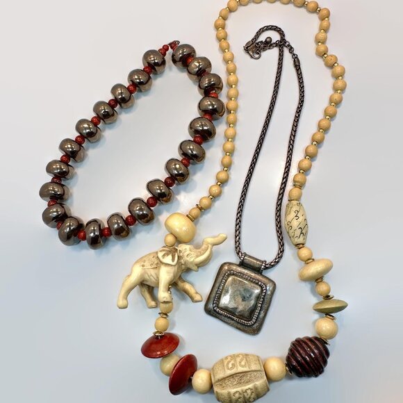 Vintage Boho Necklace Lot: Bohemian Ethnic Elephant Chicos Chunky Wood Silver - Picture 2 of 7